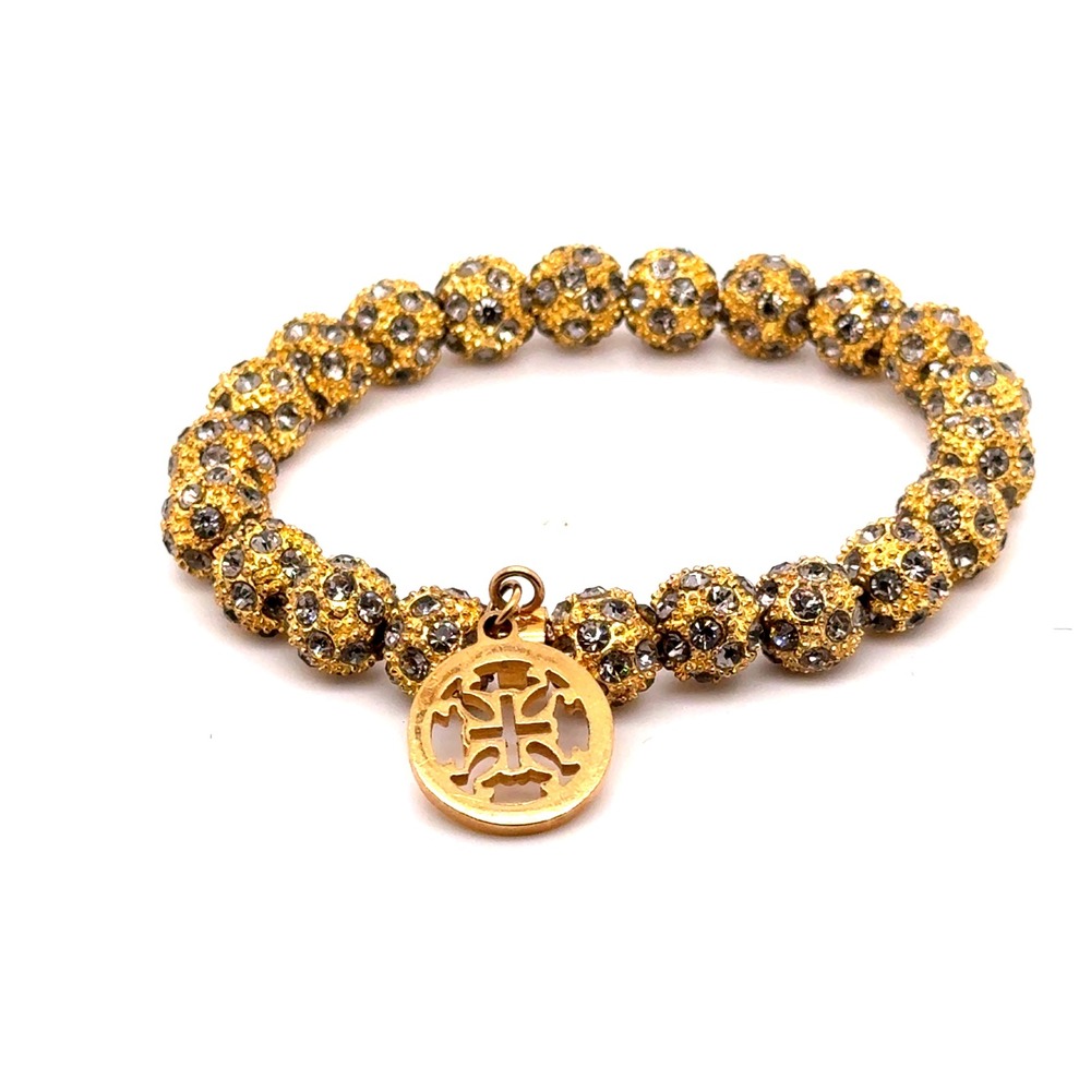 Rustic Cuff Gold Pave Disco Ball Crystal Beaded Stretch Bracelet with Logo Charm